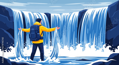 Awe-Inspired Explorer Stands Before Majestic Waterfall Embracing Nature's Power