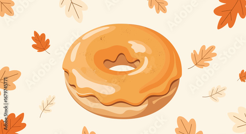 Autumn-themed illustration featuring a donut surrounded by fall leaves and a soft beige background