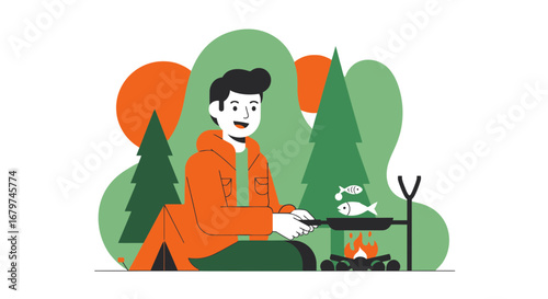 Camping Adventure: A Man Cooking Fish Outdoors with Fireside Cooking in Nature
