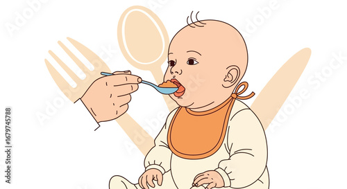 Baby Being Fed With Spoon And Hand, Wearing Bib, With Fork And Spoon Elements