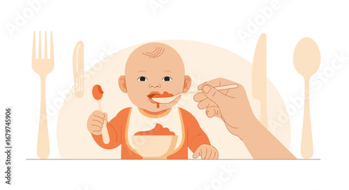 Baby Eating Food Being Fed with Spoon by Parent or Caregiver in Vector Illustration