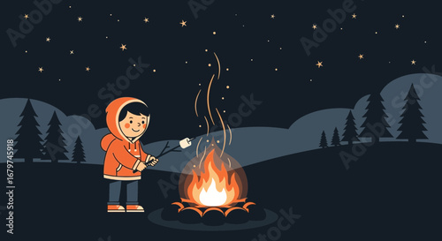 Camping Adventure: A Youngster Enjoys Roasting Marshmallows by a Warm, Glowing Bonfire