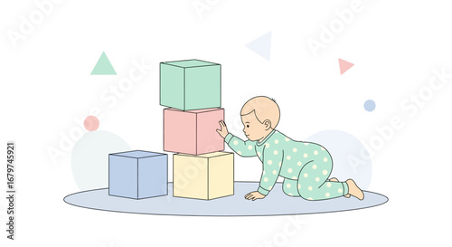 Baby Exploring Blocks: A Colorful Illustration Depicting Infant Discovery and Early Learning