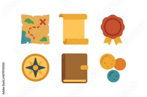 vector colorful flat filled icons clue trail adventure (historic): faded map scroll wax seal compass rose old journal weathered coins.