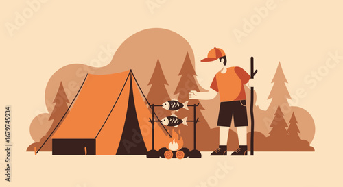 Camping Adventure: An Enthusiastic Person Roasting Fish Near a Tent and Woods