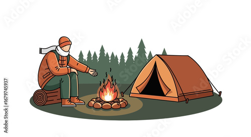Camping Adventure: An Explorer Relaxes by a Campfire Near His Tent in the Wilderness