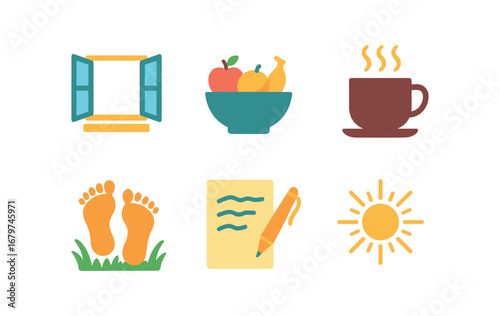 vector colorful flat filled icons dewy mornings season (symbolic): open window fresh fruit bowl steaming tea barefoot steps on grass handwritten letter sunbeam.