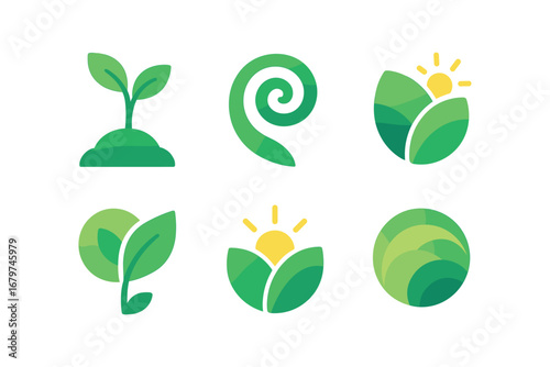 vector colorful flat filled icons renewal season (abstract): green gradients curved shapes spiral growth layered light bright accents airy design.