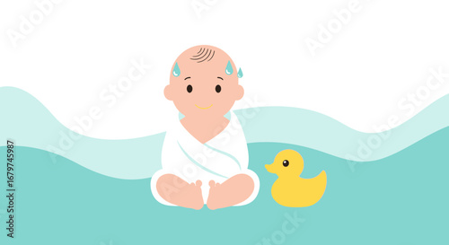 Baby Feeling Uneasy Bath Time Next To The Rubber Duck in the Blue Wave