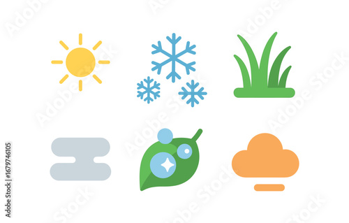 vector colorful flat filled icons frosted meadow (morning): pale sunlight frost crystals soft grass low mist sparkling dew still air.