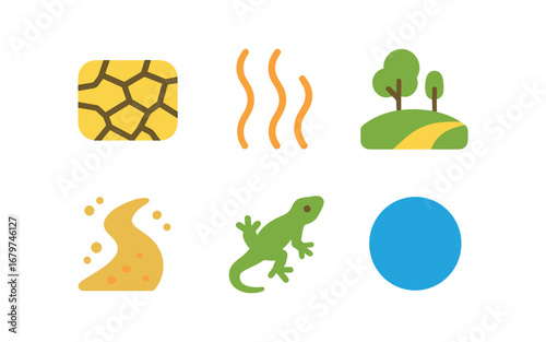vector colorful flat filled icons coulee (summer): dry bed warm air sparse trees dusty trail lizard blue sky.