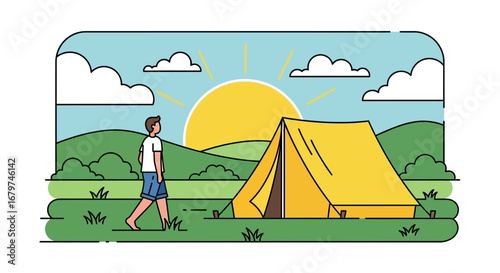 Camping Adventure Illustration: Person Walking Towards Tent with Sun and Clouds in Background