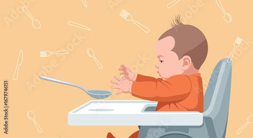 Baby Reaching For Spoon Illustration Displaying A Calm State And Playful Approach
