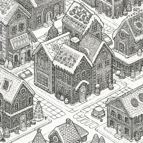 Gingerbread village illustration with snowy houses and festive atmosphere