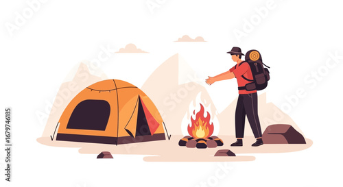 Camping adventure illustration with a person, camping tent, and campfire in the mountains