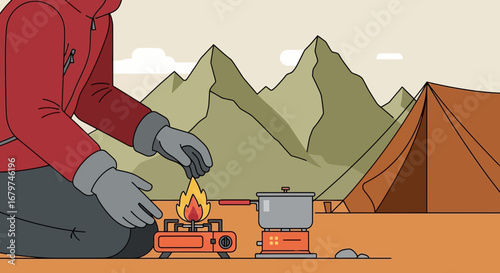Camping adventure illustration shows cooking outdoors with tent and mountain in background