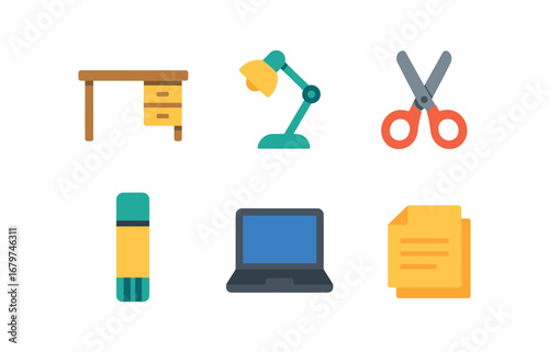 vector colorful flat filled icons mood board (workspace): desk lamp scissors glue stick laptop paper stacks.