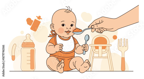 Baby's First Meal: Adorable Toddler Enjoying Food With a Spoon Feeding Moment