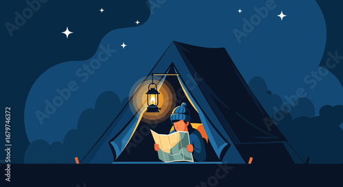 Camping Adventure Under The Stars: A Solo Camper Reading A Map In A Cozy Tent