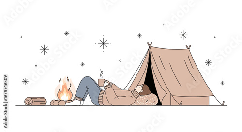 Camping And Cozy Moments: A Person Enjoys Hot Drink Near Campfire And Tent In Winter.