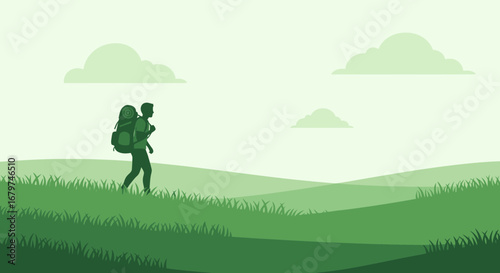 Backpacker Journeying Across Green Fields Under A Cloudy Sky Adventure Concept
