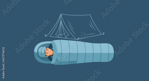 Camping And Relaxation Under The Tent Silhouette Dreaming Peacefully In Sleeping Bag