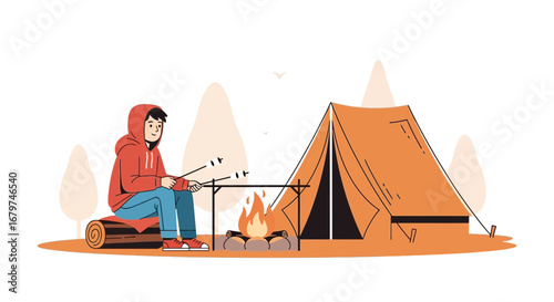 Camping and Roasting Marshmallows: An Illustration Depicting Leisure and Outdoor Adventure
