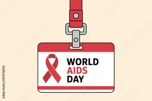 A world aids day badge with a red ribbon hanging from a lanyard on a light beige background color tone
