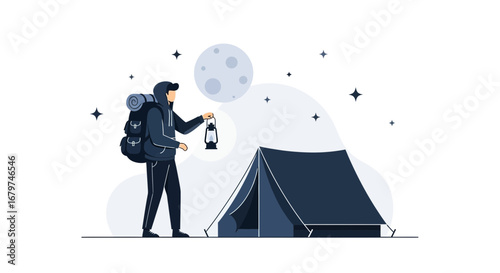 Camping at night with a tent a person holding a lantern and a backpack illustration