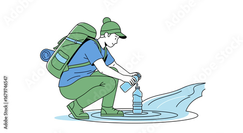 Backpackers Harvesting Water From River, Preparing For Prolonged Mountain Adventure Journey