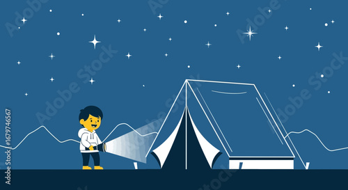 Camping at night, a child explores with a flashlight amidst the stars and a tent