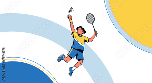 Badminton Player Hitting Shuttlecock With Racket In A Dynamic And Colorful Illustration