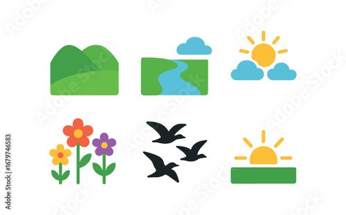 vector colorful flat filled icons second chapter phase (nature): green hills river bend bright sky fresh flowers migrating birds morning light.