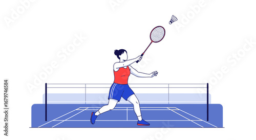 Badminton Player in Action Hitting Shuttlecock Over Net During Tournament in Sport