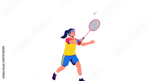 Badminton Player Illustrated, Hitting The Shuttlecock With Racket Towards The Net