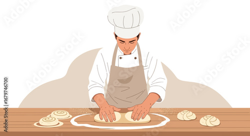 Baker Crafting Fresh Dough, Creating Baked Goods, Preparing Homemade Bread, Artisan Pastry.