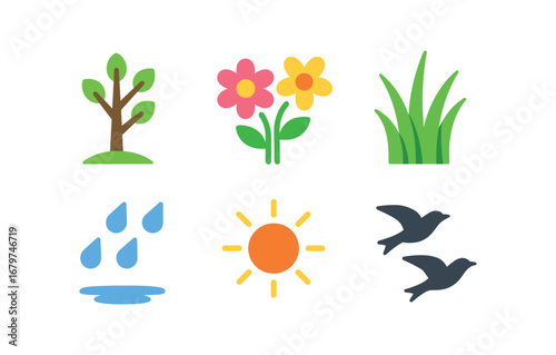 vector colorful flat filled icons renewal season (spring): budding trees blooming flowers green grass fresh rain warm sun migrating birds.