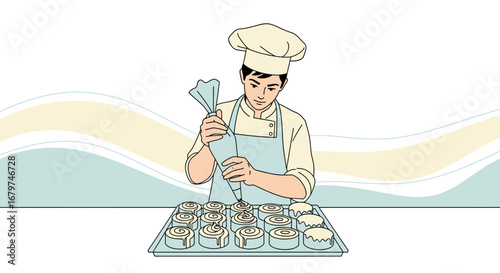 Baker Decorating Desserts with Cream, Creating Sweet Pastries for Delicious Culinary Creations