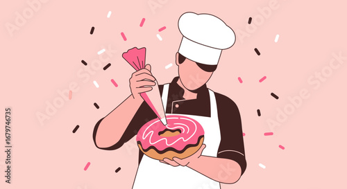 Baker Decorating Delicious Donut With Pink Icing And Colorful Festive Sprinkles Illustration
