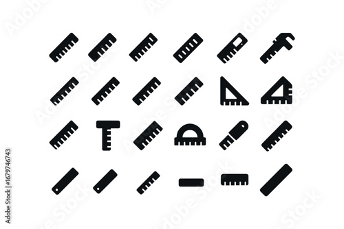 vector solid black filled icons Ruler (Types) ruler plastic ruler wood ruler metal ruler digital ruler metric ruler inch ruler cm ruler ft ruler yard ruler desk ruler drawing ruler.