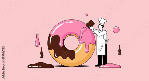 Baker Decorating Donut with Sweet Glaze and Icing in a Delicious, Appetizing Culinary Scene