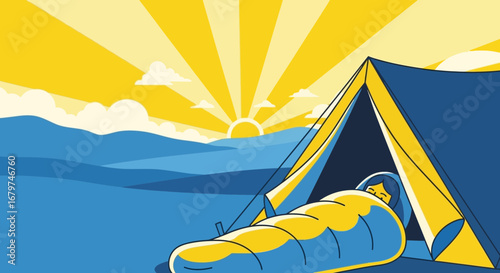 Camping illustration depicting a person inside their tent in front of a scenic sunrise or sunset