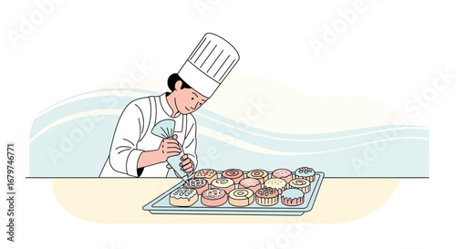 Baker Decorating Pastries Depicted in an Illustration, A Culinary Artisan At Work