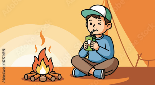 Camping Illustration Featuring a Young Person Enjoying Beverages and a Campfire Under a Tent