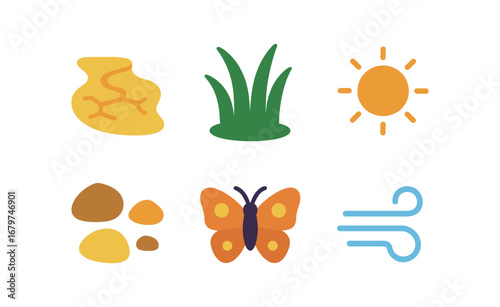 vector colorful flat filled icons gully (summer): dry bed tall grass warm light scattered stones butterfly breeze.