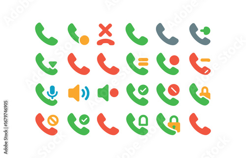 colorful flat vector icons Call (Basic) call icon call start call end call active call inactive call incoming call outgoing call missed call hold call resume call mute call unmute call.