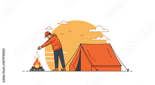 Camping illustration with a person near a tent and making a fire at sunset