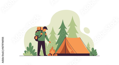 Camping illustration with a man, tent, trees and a campfire, perfect for travel posters