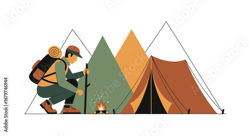 Camping illustration with a person preparing to start a fire next to a tent