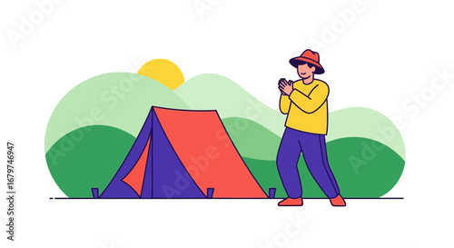 Camping illustration with a man in front of a big tent, hiking, and enjoying the views